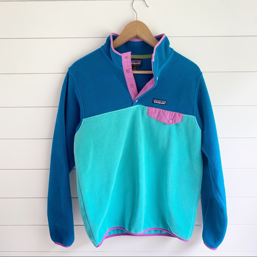 Patagonia synchilla pullover button top blue/Turquoise pink lining -med